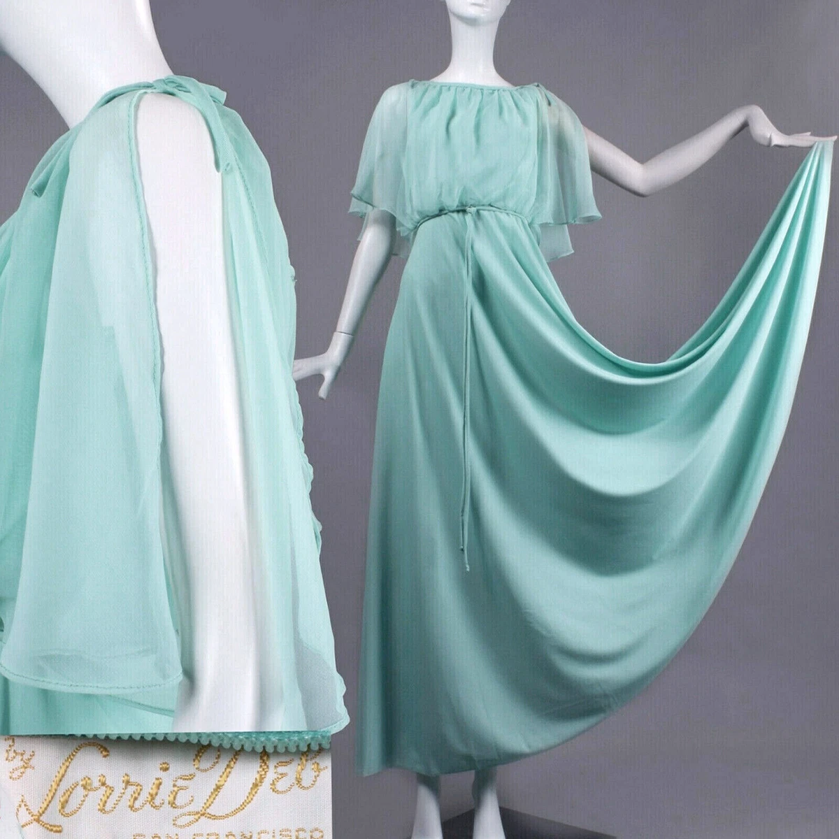 S Vintage 1970s Green Long Evening Maxi Dress Prom Sheer Drape Cape Silky 70s