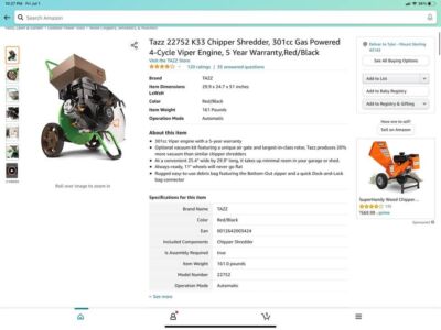 Tazz 22752 K33 Chipper Shredder, 301cc Gas Powered 4-Cycle Viper