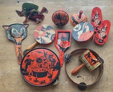 LOT OF 12 antique tin HALLOWEEN noisemaker vintage OLD toy metal CAT WITCH OWL