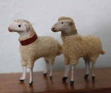 Antique Putz German Sheep Pair Red & Green Collars Christmas Easter Erzgebirge