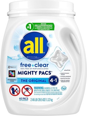 All Mighty Pacs Laundry Detergent Free Clear 60 Count Tub for Sensitive Skin HE