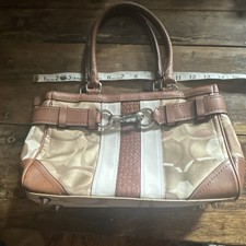 Coach Signature Logo Small Satchel Top Handle Bag Tan Brown Beige Silver