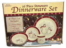 Royal Seasons 16 Piece Stoneware Dinnerware Set Snowman Christmas Theme NIB