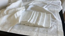 Vintage 100 Linen Tablecloth 6 Dinner Napkins Hemstitch Borders 92" x 70" White