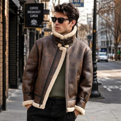 Mens Leather Bomber Jacket Brown Genuine Leather Vintage Fur Collar Winter Coat
