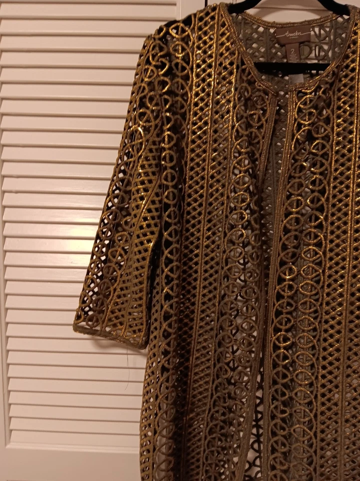 Chico's 2 Sweater Jacket  Metallic Gold Knit Sequin Chain Detail Travelers - Image 3 of 4