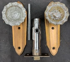 National Brass Company Art Deco Passage Glass Doorknobs, Plates, Latch, Dexter