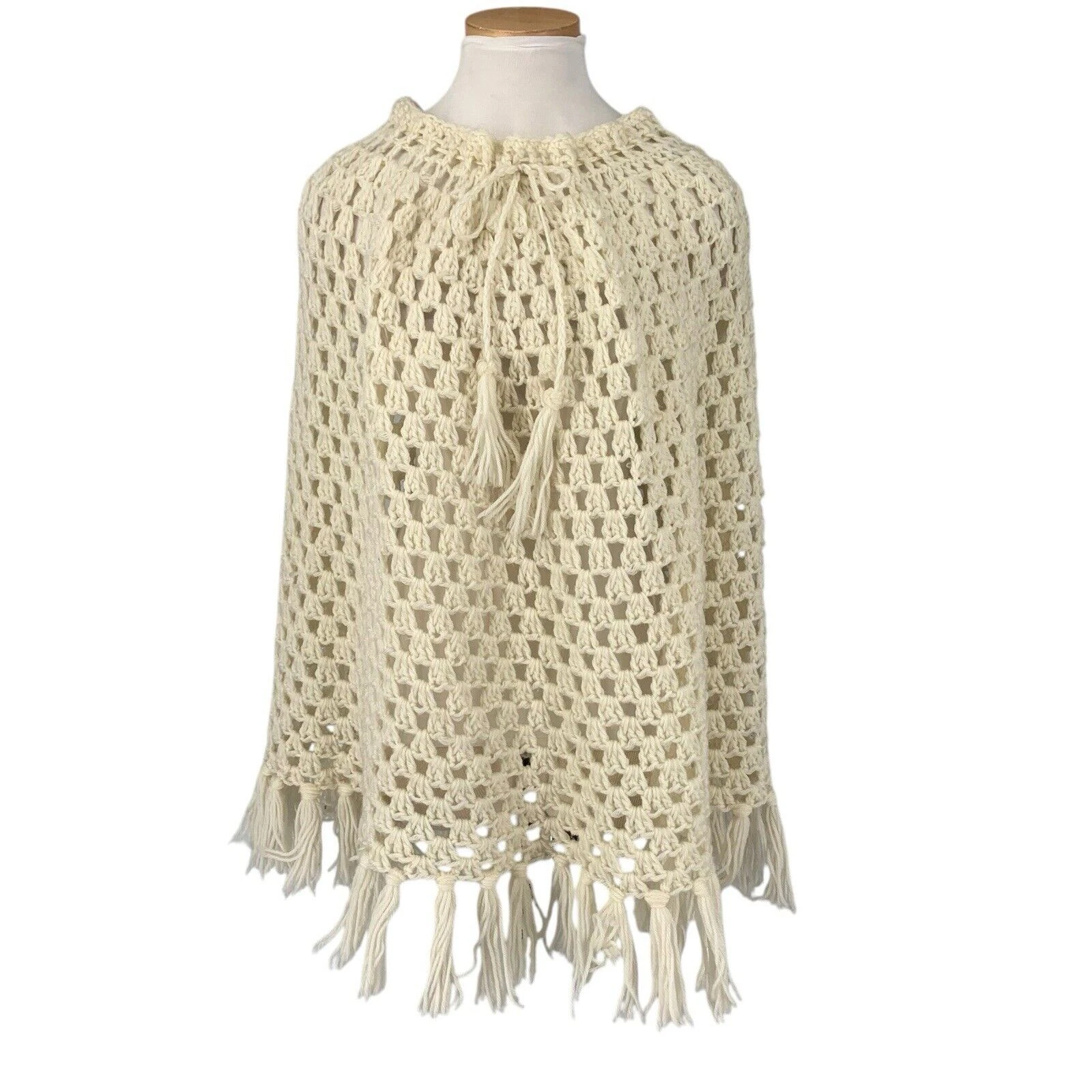 Vintage 70’s Crochet Fringe Poncho Cape Ivory Hand Made