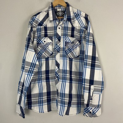 Affliction Standard Western Hemd Herren 2XL Blau Kariert Langarm Perlen Druckknopf