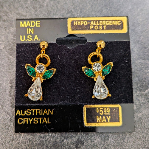 Vintage Austrian Crystal Angel Earrings Green Clear Gold Tone USA Original Card