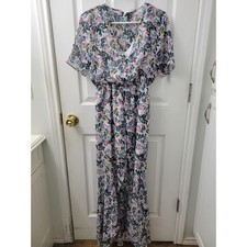 BCBGeneration Floral Chiffon Maxi Dress V-Neck Short Sleeve Pink Blue XS