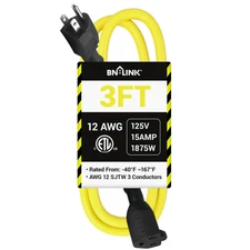 3ft Outdoor Extension Cord, 12/3 SJTW Heavy Duty Power Cord, 3-Prong Grounded...