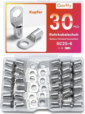 Gorffy Rohrkabelschuhe Set 30 Stück, SC25-6 Kabelschuhe Set, Verzinntes Kupfer