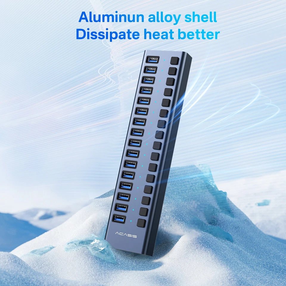 ACASIS 16 Porte Hub USB 3.1 Interruttore Singolo 12V7.5A 90W Adattatore di Alimentazione per PC Portatile - Immagine 3 di 4