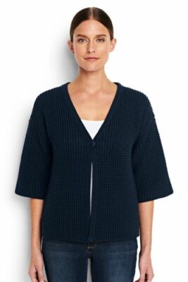 Lands End Lofty Cotton V Neck Cardigan Navy UK Small LN008 AA 06