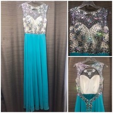 Teal Blue Shear Iridescent Rhinestones Backless Long Prom Formal Ball Gown S-M