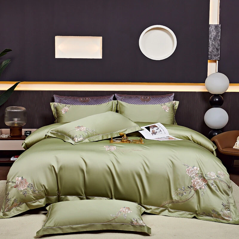 Bedding Set 4 Pcs Cotton Embroidery Flower Duvet Cover Flat Sheet 2 Pillowcases - Image 2 of 4