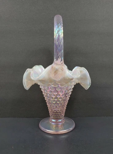 Fenton 95th Anniversary Pink Opalescent Iridized Hobnail Basket Mint Condition
