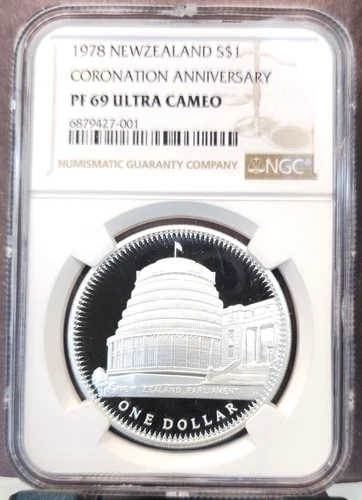 1978 NEW ZEALAND SILVER 1 DOLLAR CORONATION ANNIVERSARY NGC PF 69 ULTRA CAMEO
