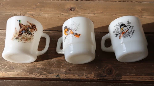 Vintage Fire King Bird Mugs Cups Mallard Duck Cardinal Oriel Chickadee