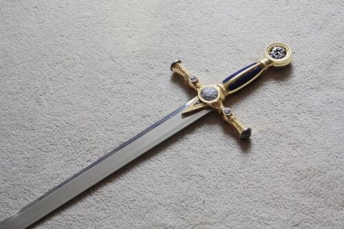 S4519 FREEMASONRY TEMPLAR KNIGHT MASONIC SWORD W/ PLAQUE GOLD ROYAL BLUE 46.6" - Picture 1 of 6