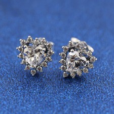 NEW 100 925 Sterling Silver Sparkling Heart Halo Stud Earrings Clear CZ