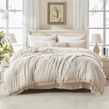 Beige Queen Comforter Set with Shams - 7 Piece Boho Fringe Pocket Bed Set