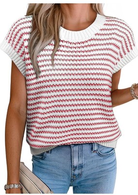 EVALESS Women's Sweater Vest Striped Pullover Tank Top Round Neck Cap Sleeve Lig