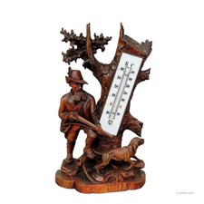 Finely Carved Wood Thermometer Stand Hunter and Staghound 1910