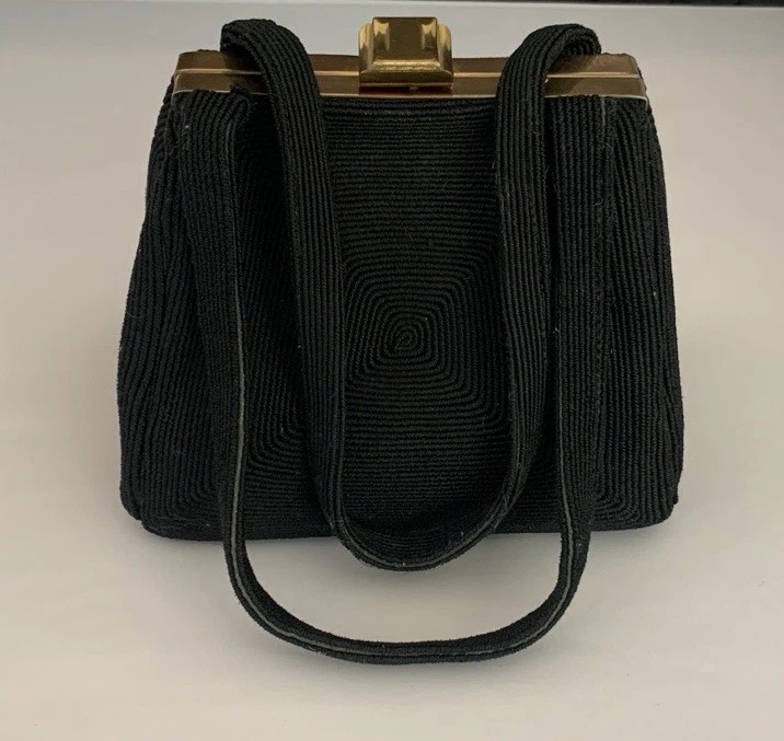 Bolso de Mano Original Reina Vintage Años 50 Cartera Cierre a Presión Doble Asas Negro Dorado Foto 2 de 4