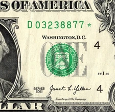 2021 D star note One dollar Bill D03238877* 500K Sheet Note Run 2 of 3