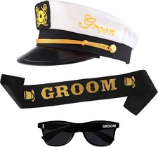 Bachelor Party Captain's Hat, Glasses, Sash Set - Groom To Be Accessories...
