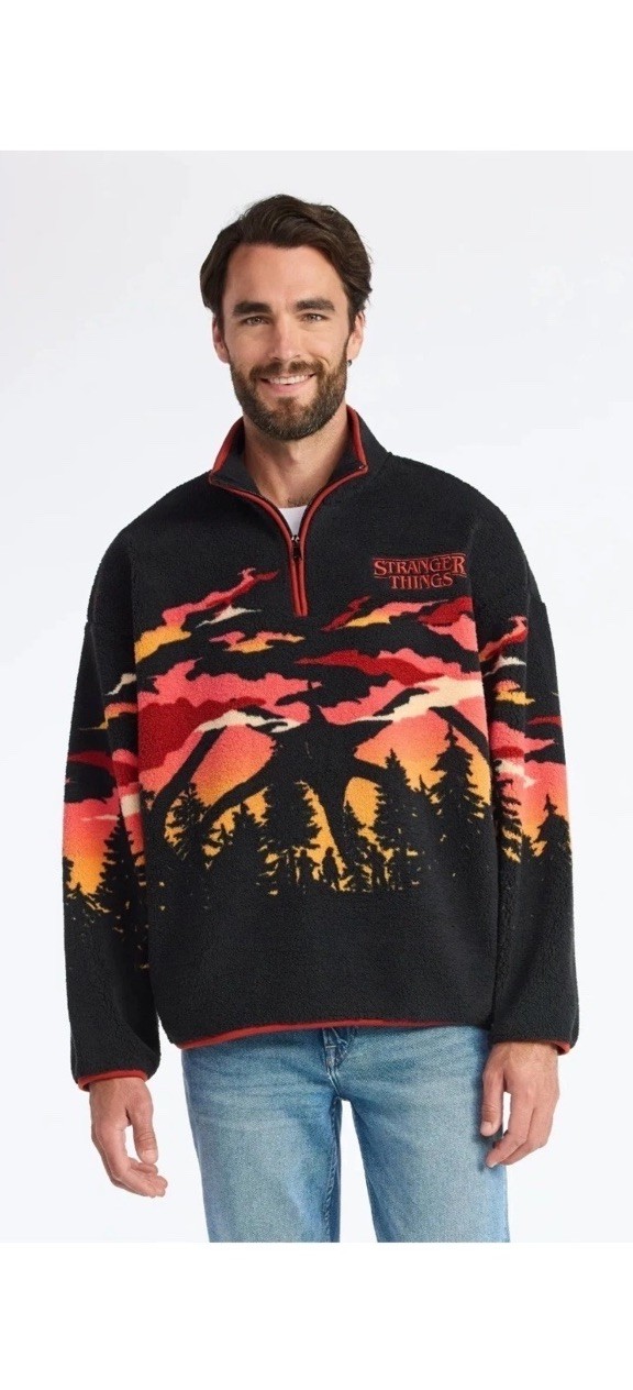 Netflix Stranger Things Logo Men's Faux Shearling Quarter-Zip Jacket, Size Large