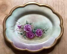 Antique Porcelain Dish Hand Painted Scalloped Gold Gilded Rim 5.75 x 5 inches