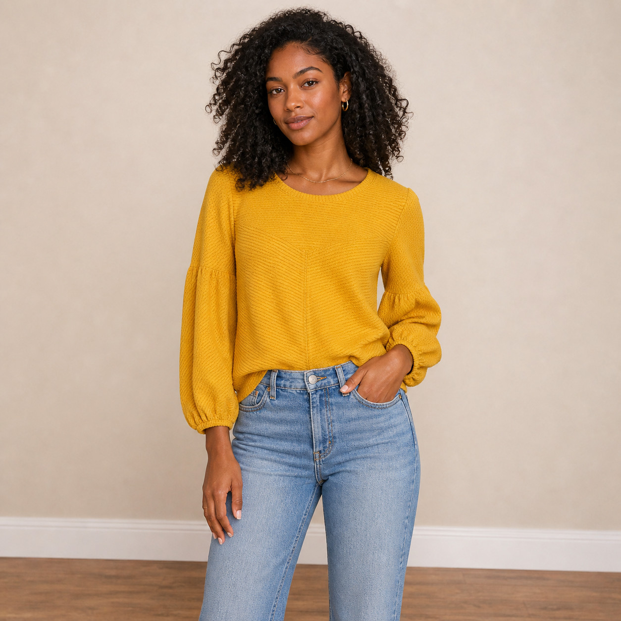 Anthropologie Gold Yellow Balloon Sleeve Top Textured Knit Crew Neck Size S
