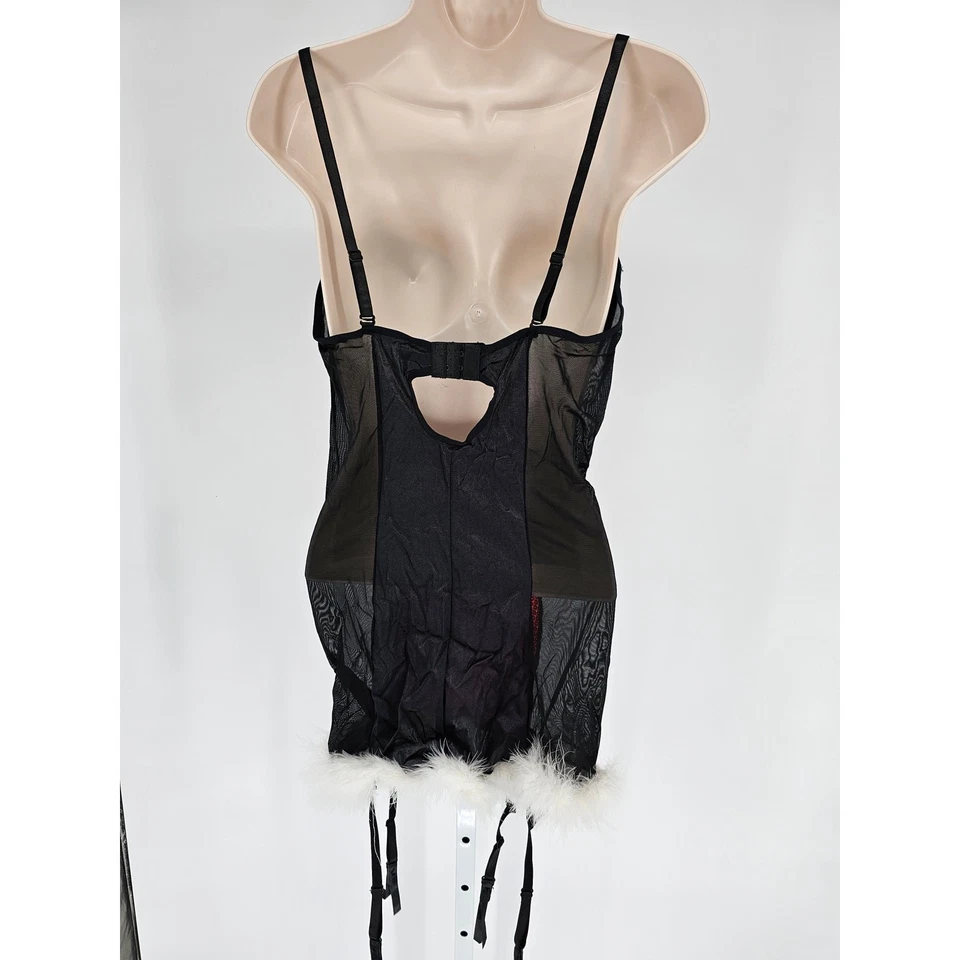 复古 Y2K Tarea by Rue 21 Nightie 黑色人造皮革红色亮片毛皮装饰 36D — 第 4/4 张图片