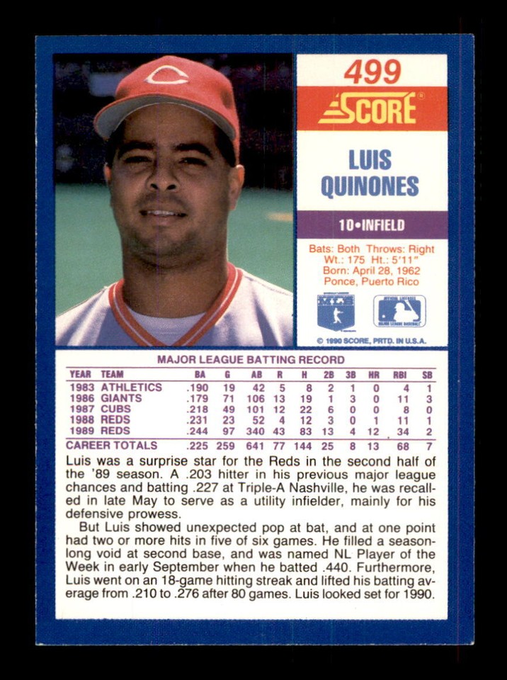 1990 baseball score luis quinones cincinnati reds 499 ebay