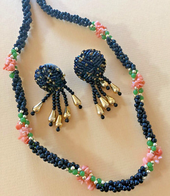 CORAL green genuine Jade Black Bead NECKLACE & EARRINGS gift set Phillppines