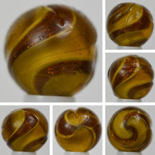Handmade Yellow Ribbon Lutz Marble, Amber Base 9/16 in, Near Mint, Germany S1381