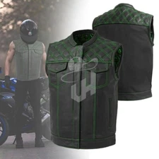 Anaaz Men's Leather Motorbike Vest Touring Adventure Waistcoat Biker Vest Green