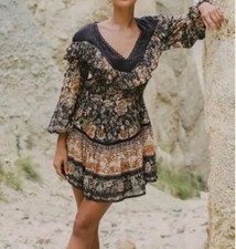 SPELL AND THE GYPSY Black Floral Mini Dress Long Sleeve Ruffle V Neck Boho Sz S