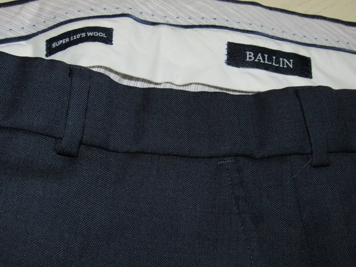 BALLIN Mens Blue Dress Pants 34 X 29 Super 110 s Wool Flat Front