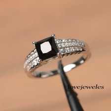 2.4CT Princess Cut Lab-Created Black Diamond Engagement Wedding 925 Silver Ring