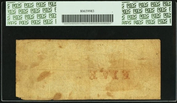 GROCERS BANK $ 5  SEPT. 18, 1854   BANGOR, MAINE   PCGS VERY FINE 20 APPARENT - Image 2 of 2