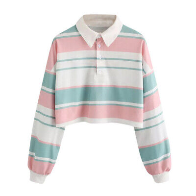 Lady Girls Rainbow Striped Pullover Crop Tops T Shirt Loose Harajuku Casual Chic