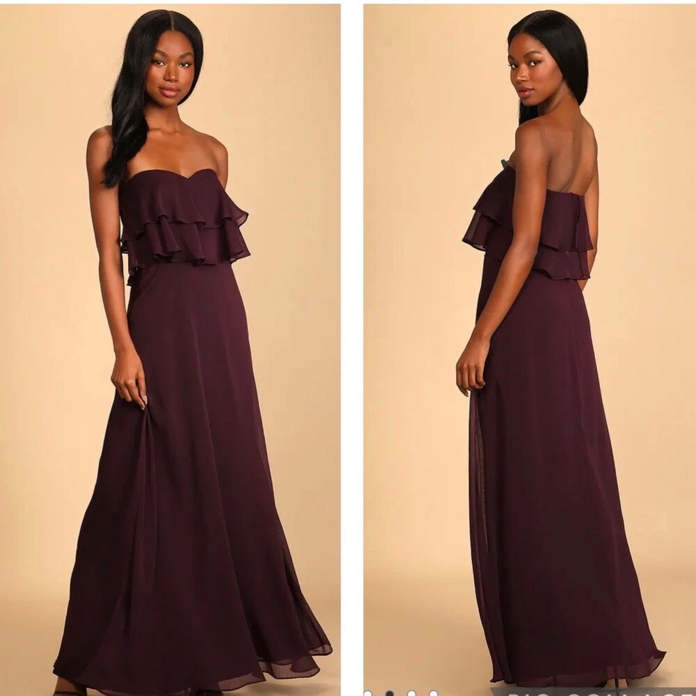 NWT 78 Size L Lulus Devoted to Romance Dark Purple Strapless Maxi Dress Party