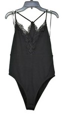 Topshop Womens Black Sleeveless Ribbed Jersey Lace Trim Strappy Bodysuit 8