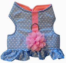 Blue, White Polka Dots, Pink Flower Ruffles, Puppy/Dog Harness, Small