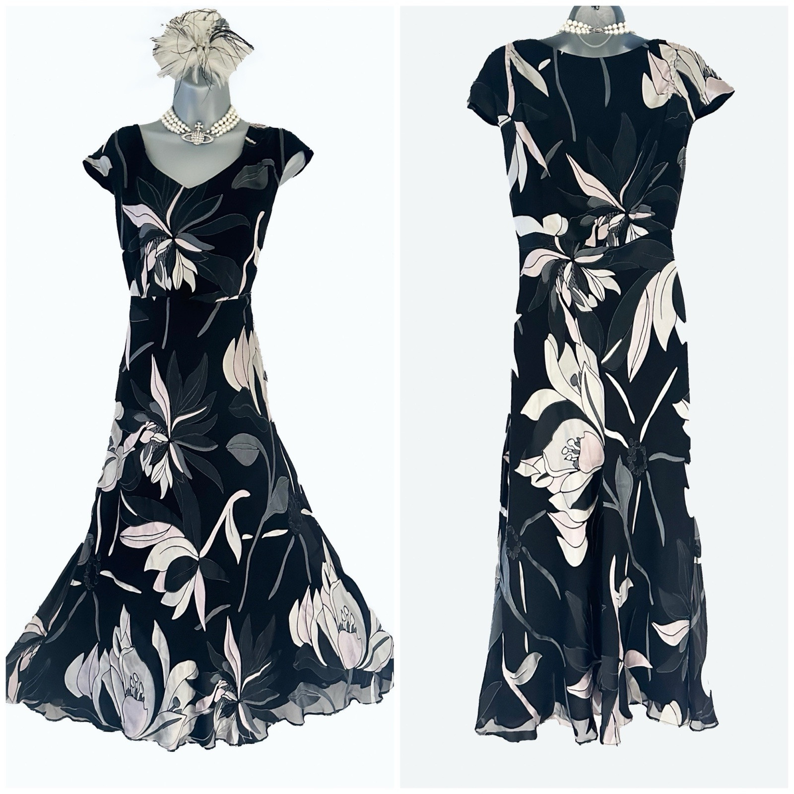 Jacques Vert black multi print 30% silk cap Wedding Long Dress Size 16