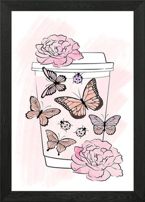 Romantische Kaffeetasse mit Schmetterling gerahmt Wandbild Poster Leinwanddruck Bild